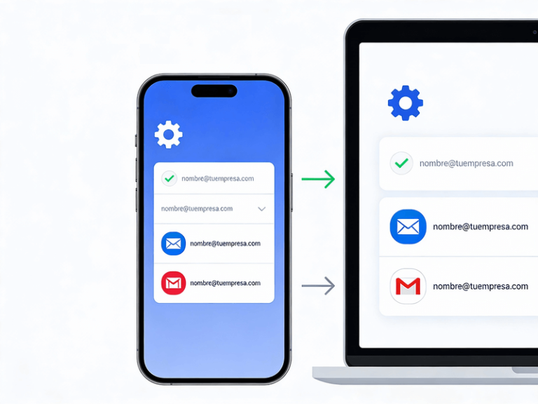 Móvil y portátil mostrando la configuración de un correo corporativo en una app de correo y en Gmail.