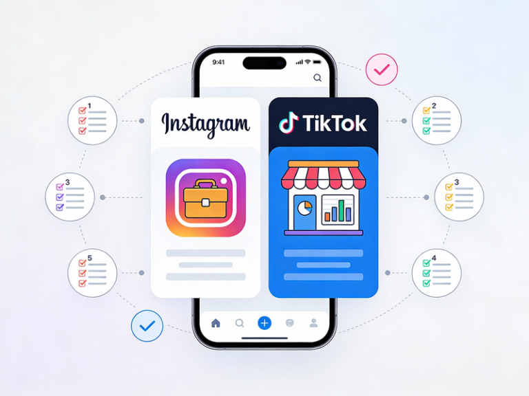 Móvil mostrando Instagram y TikTok con iconos de negocio y listas de pasos para crear una cuenta de empresa.