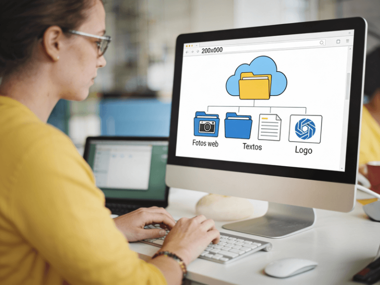 Persona organizando en su ordenador carpetas con fotos y textos para enviar al diseñador web.