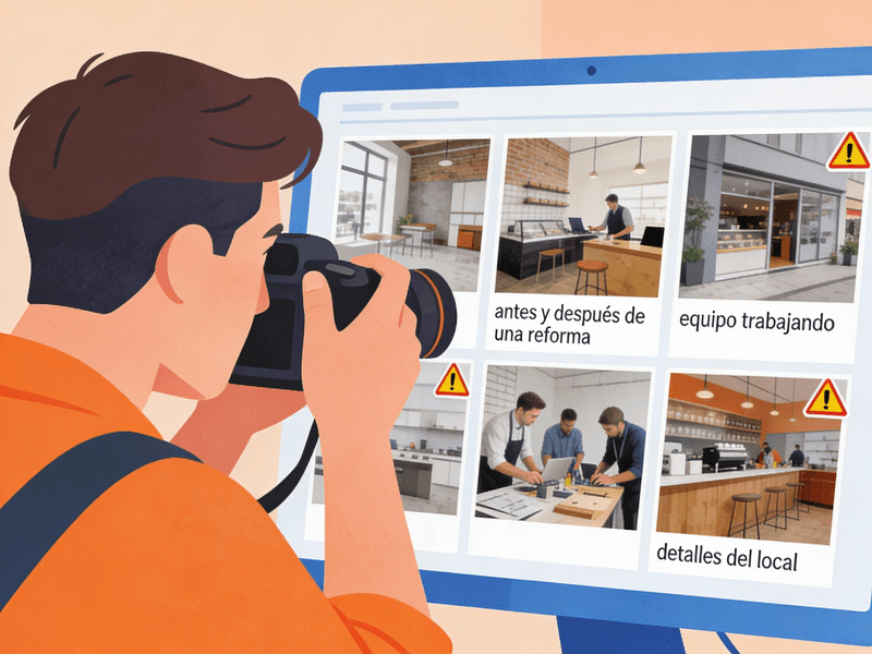 Persona revisando en la pantalla fotos reales de su negocio para usar en la web.