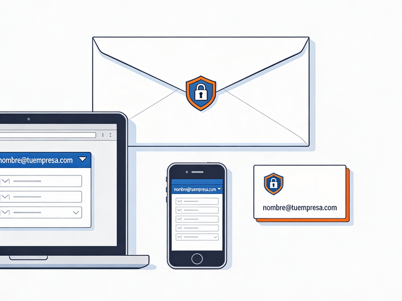 Bandeja de entrada en ordenador y móvil con direcciones de correo corporativo de un negocio.